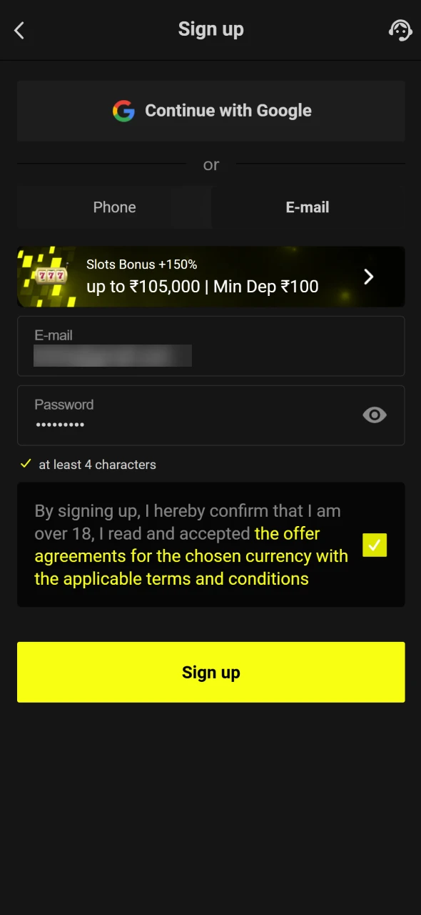 To start betting at Parimatch first create an account.