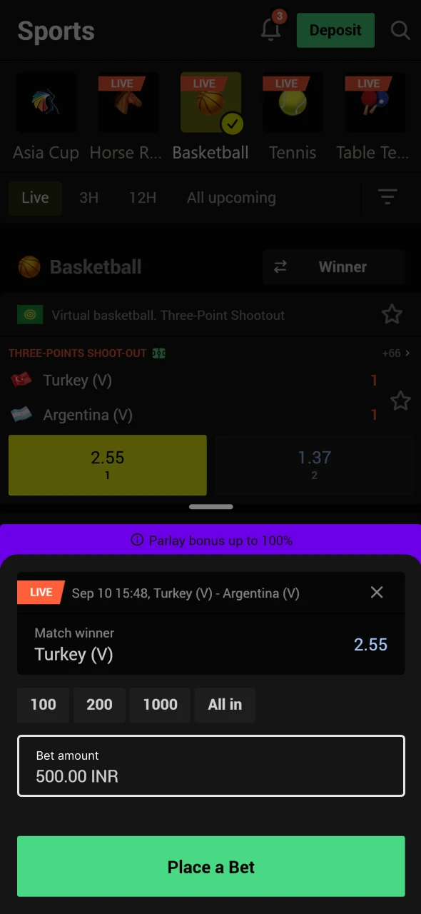 Enter the amount and click on bet button at Parimatch.