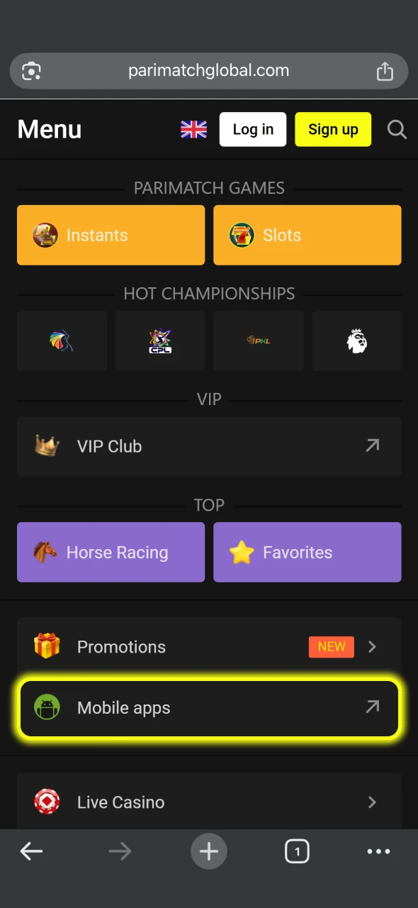 Go to Parimatch menu and choose the Mobile apps.