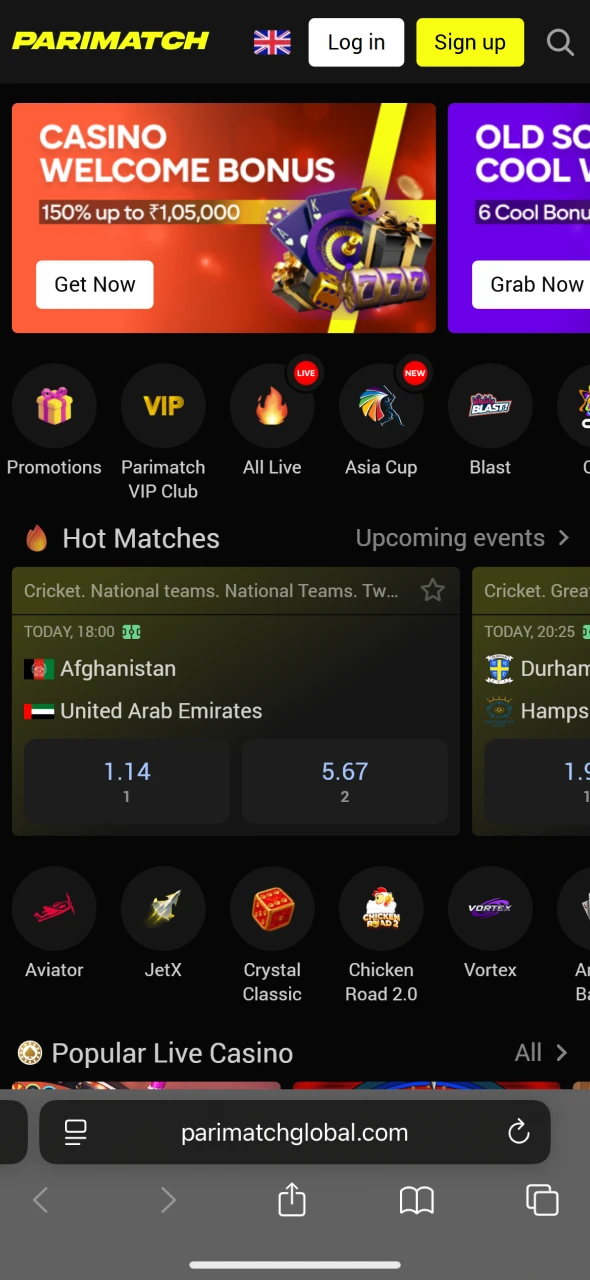 Go to Parimatch official website via Safari browser.