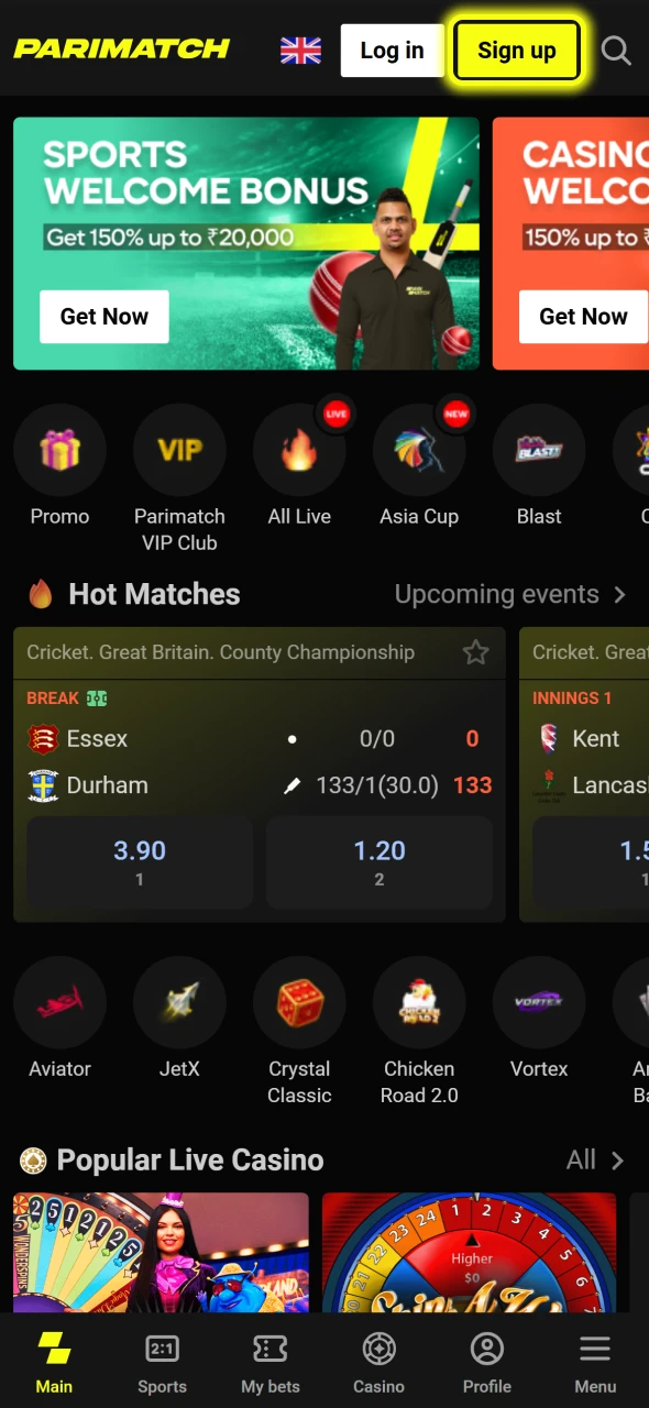 Tab the button to start registration process at Parimatch.