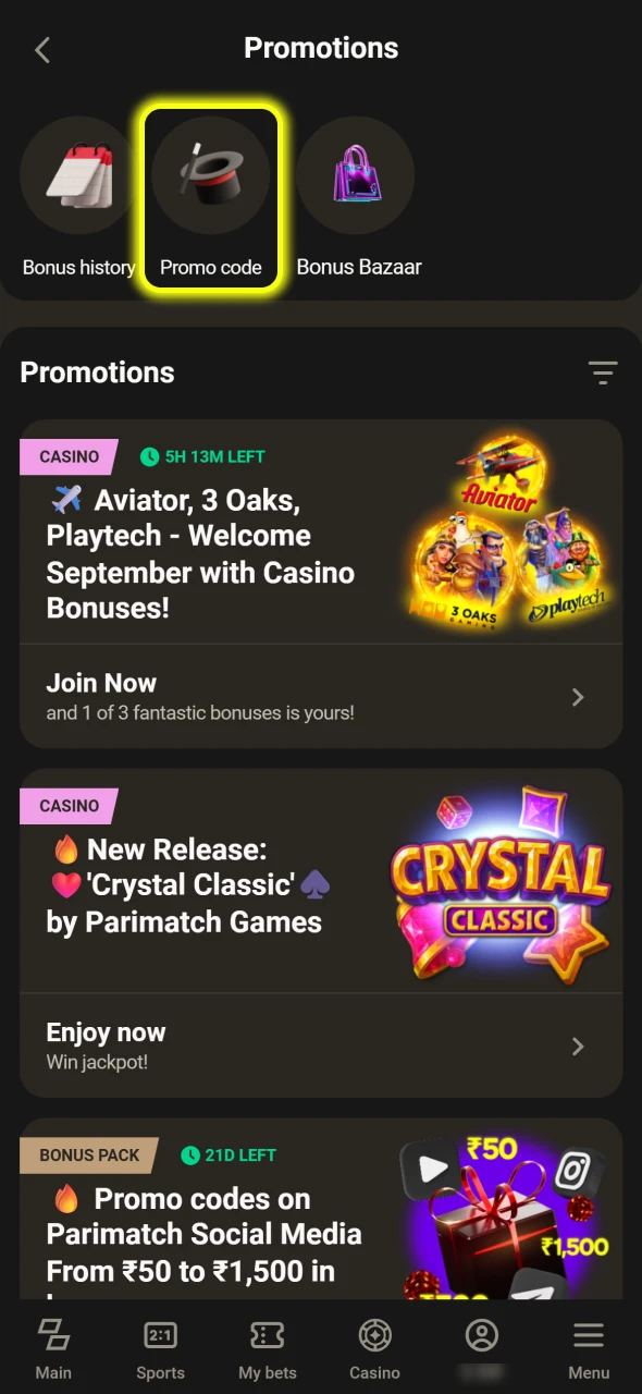 Click on the Promo code button at Parimatch website.