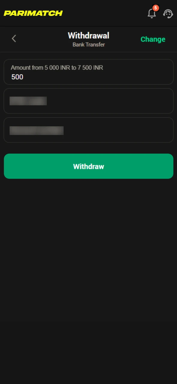 Enter the amount you want to withdraw at Parimatch.