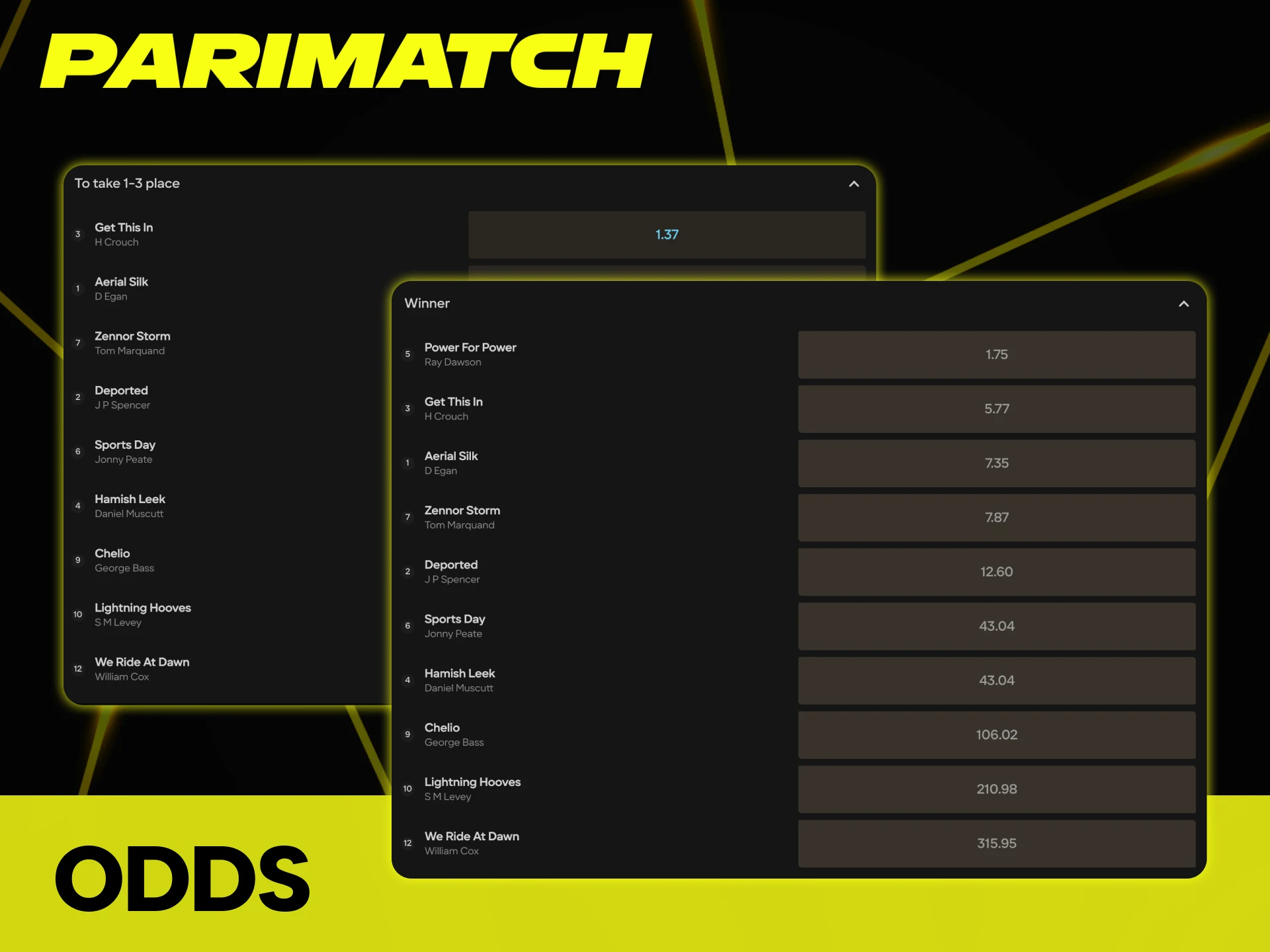 Parimatch offers high odds for betting on horse racing.